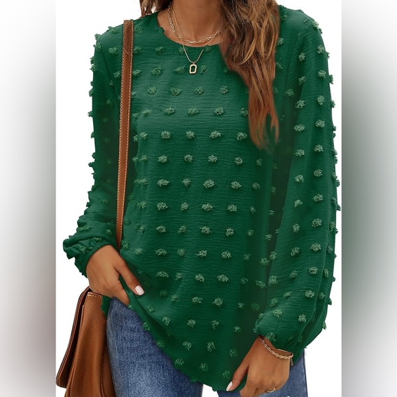 Tops - Boho Swiss Dot Pom Pom Long Sleeve Blouse Dark Teal Green Size Large